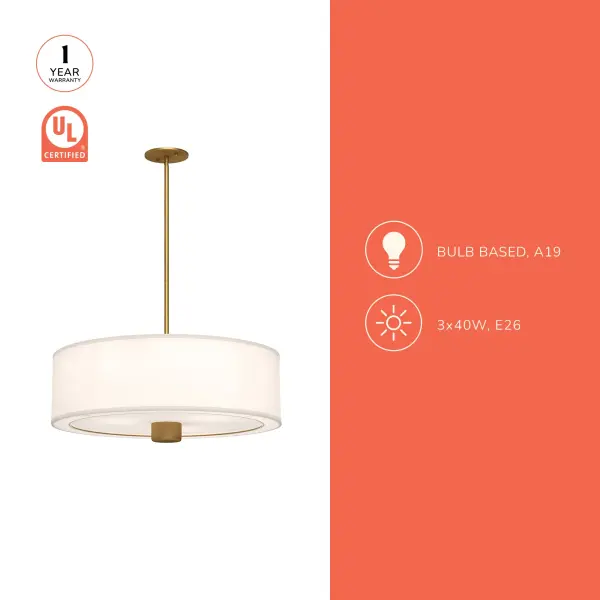 Theo 24-Inch Pendant in Aged Gold with White Linen Shade - Image 5