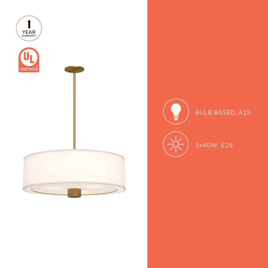 Theo 24-Inch Pendant in Aged Gold with White Linen Shade - Image 5
