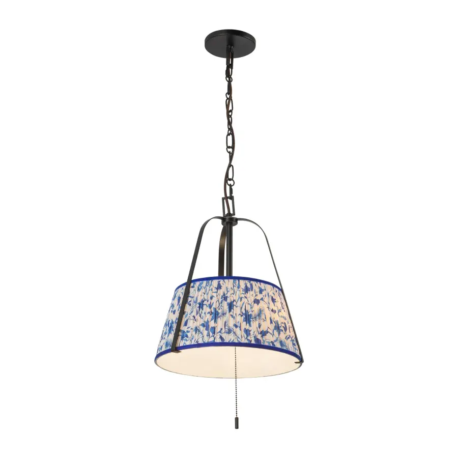 Scout 13-Inch Pendant in Matte Black with Blue Linen Shade - Image 3