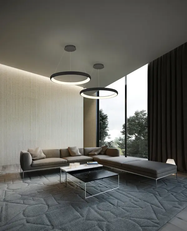 The Cortana pendant features a striking curved aluminum band that encircles an illuminated LED ring, creating a sculptural focal point. Its 32-inch diameter makes a bold statement while providing uniform, warm white light through a diffuser. - alternate view