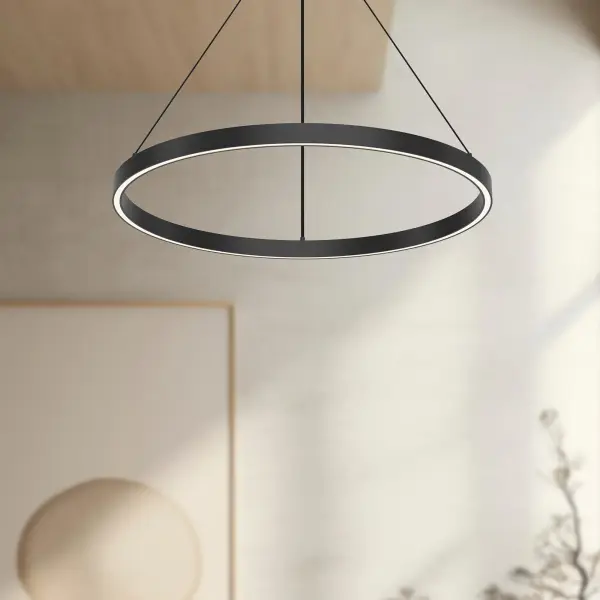 The Cerchio 24-inch pendant combines minimalist aluminum construction with integrated LED technology. Its rectangular profile and flush diffuser create even downlight perfect for task and ambient lighting in contemporary spaces. - alternate view