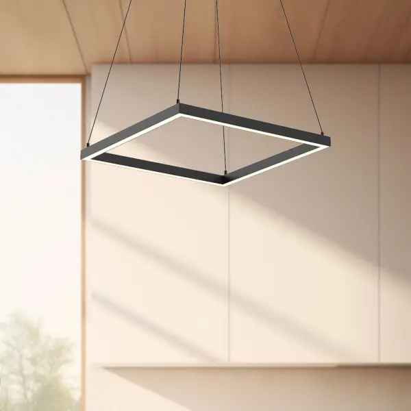 The Piazza 18-inch pendant combines clean architectural lines with practical LED lighting. Its extruded aluminum construction and matte black finish deliver contemporary style, while the flush silicone diffuser provides even downlight illumination. - alternate view