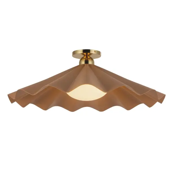 The Furrow collection by Jason Koharik transforms functional lighting into wearable art. Inspired by rare giant clam shells, this 25-inch semi-flush mount features ruffled burgundy metal paired with opal glass diffusers and brass accents. - alternate view