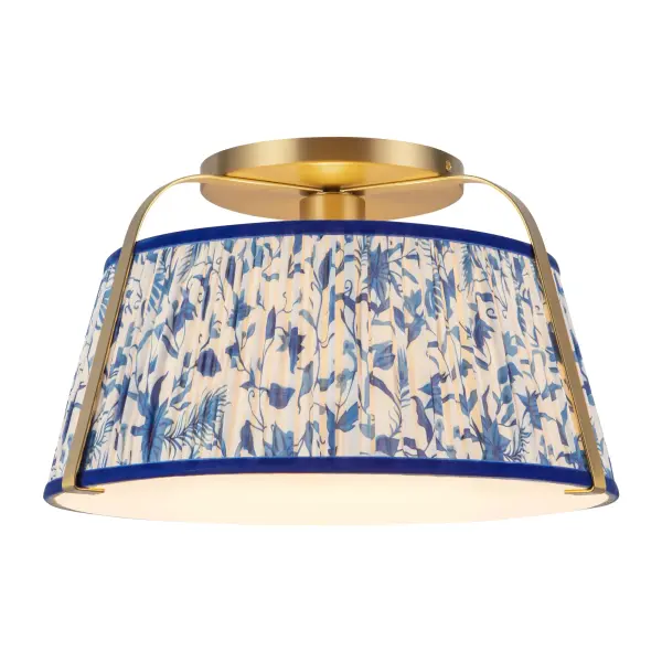 The Scout Semi-Flush Mount combines traditional pleated linen with vibrant patterned designs and playful matte black metalwork. Perfect for lower ceilings, it adds character and warmth to bedrooms, hallways, and living spaces.
