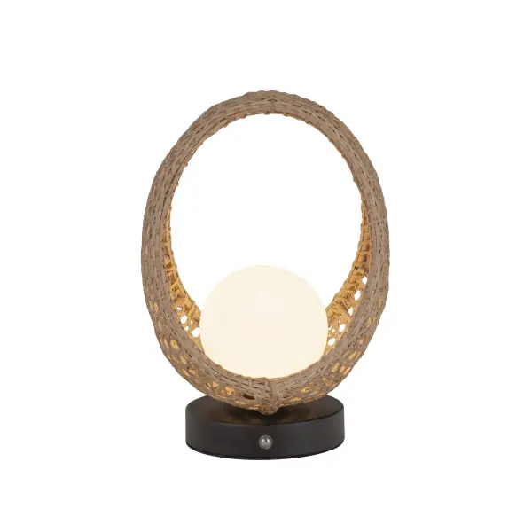 The Lanai table lamp brings Hawaiian-inspired relaxed elegance with natural rattan construction and modern opal glass globes. Featuring integrated LED with warm 3000K lighting and rechargeable battery, it's perfect for both indoor and covered outdoor spaces. - alternate view