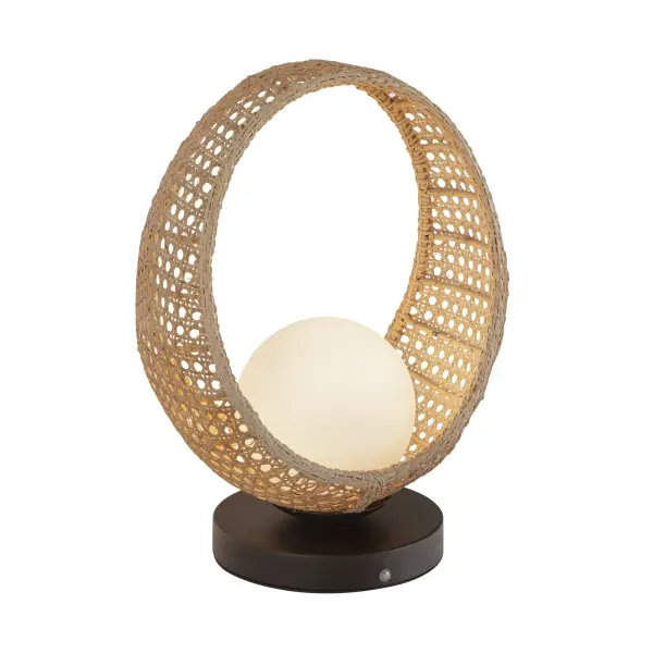 The Lanai table lamp brings Hawaiian-inspired relaxed elegance with natural rattan construction, modern opal glass globes, and matte black metal accents. Featuring integrated LED and rechargeable battery, it's perfect for both indoor and covered outdoor spaces.