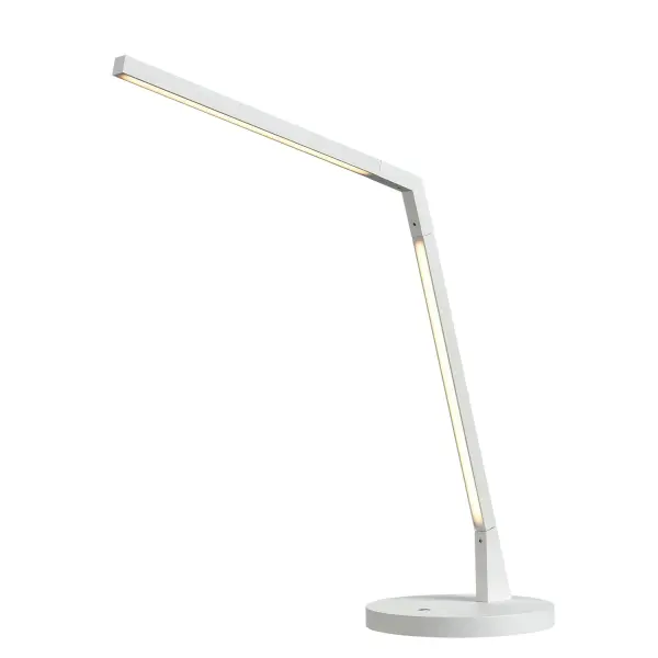 The Miter table lamp combines minimalist design with practical functionality. Its angular aluminum profile houses an integrated LED with warm 3000K lighting and opal diffuser for soft, uniform illumination. Features rotational adjustment and circular dimmer. - alternate view