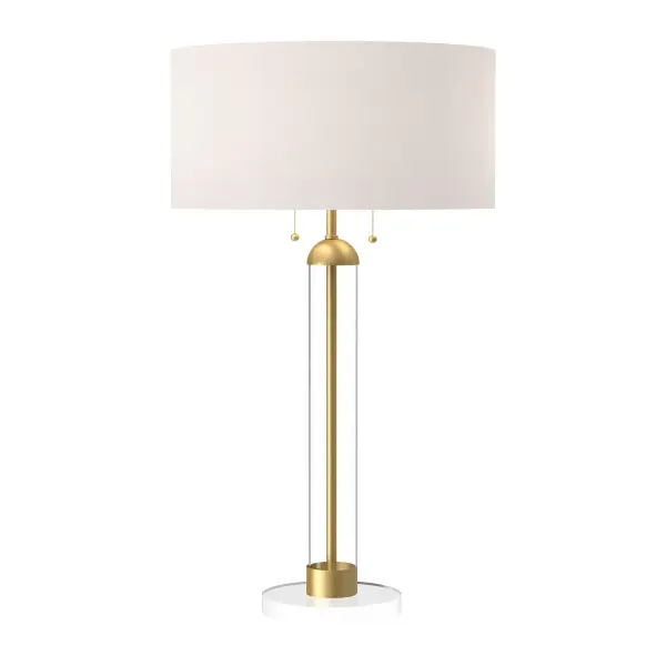 The Sasha table lamp combines sophisticated materials with timeless design. Its clear glass arm reveals a metallic stem, topped with a white linen drum shade for a refined, versatile look that elevates any space.