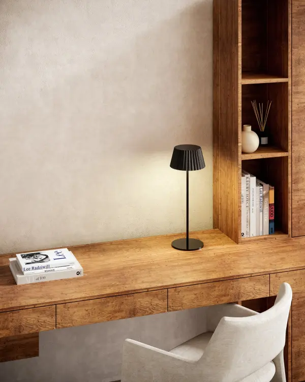 The Dario combines contemporary pleated metal design with cordless convenience. Its integrated LED and hold-to-dim feature make it perfect for flexible lighting in any room without outlet constraints. - alternate view