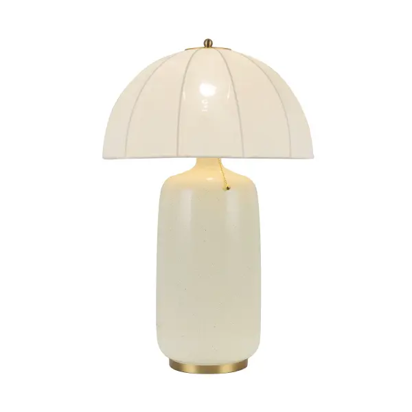 The Crosby table lamp brings vintage parasol elegance to modern spaces with its delicate details and natural fabric shade. Available in brushed gold, it adds warmth and sophistication to any room while providing functional task lighting.