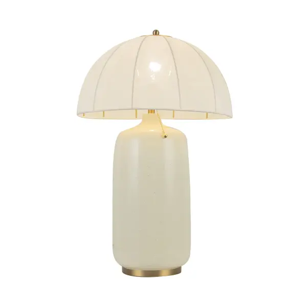 The Crosby table lamp brings vintage parasol elegance to modern spaces with its delicate details and natural fabric shade. Available in brushed gold, it adds warmth and sophistication to any room while providing functional task lighting. - alternate view