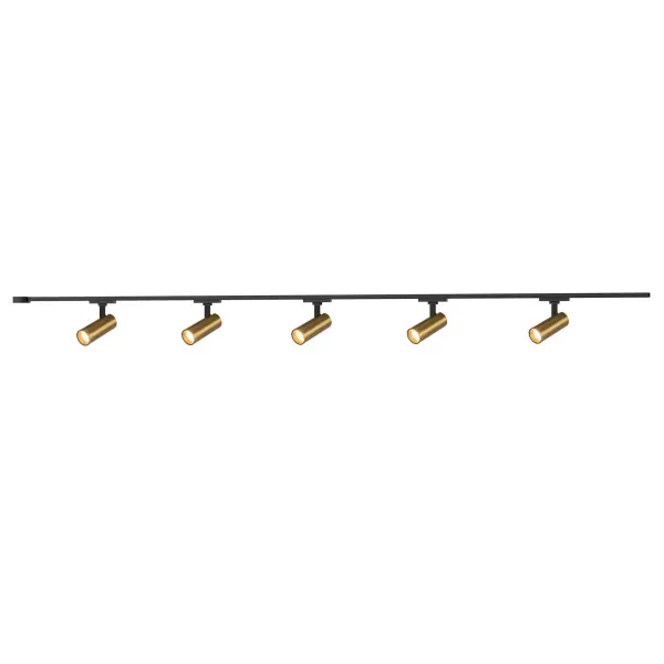 The Trilo Paolo track kit delivers flexible, directional illumination with five adjustable heads. Perfect for highlighting artwork, architectural features, or task areas with integrated LED technology and modern brushed gold finish. - alternate view