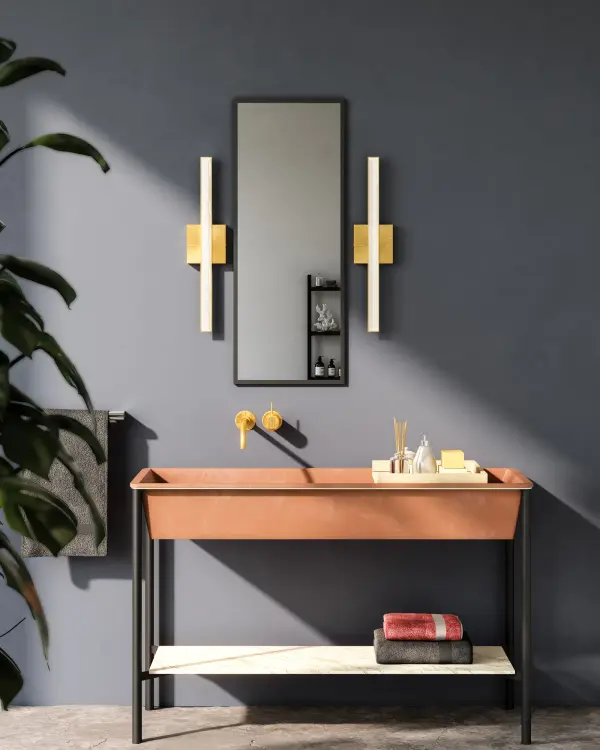 The Saphir 34-inch vanity light combines contemporary design with practical versatility. Its distinctive triangular ribbed diffuser creates visual depth while the integrated 3000K LED provides warm, flattering illumination perfect for bathrooms and entryways. - alternate view
