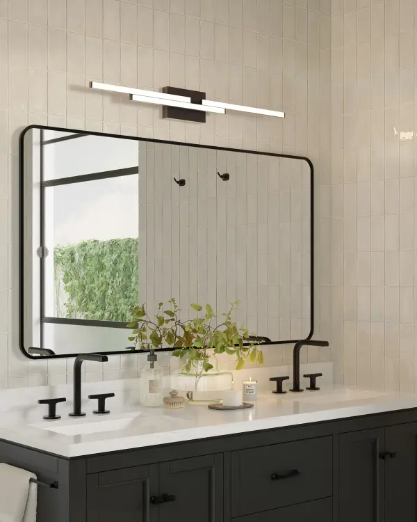 The Anello Minor features two layers of offset metal bands creating a striking architectural statement. Integrated 3000K LED provides warm, dimmable illumination perfect for bathroom vanities and hallways. - alternate view