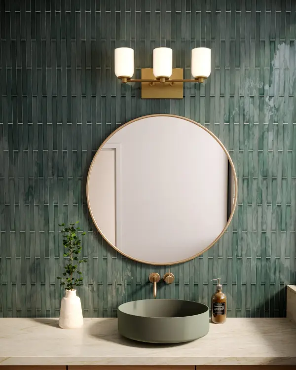 The Nola vanity light combines contemporary design with timeless elegance through its socket-based construction and gold opal glass cylinders. Perfect for bathrooms and powder rooms, it offers versatile mounting options. - alternate view