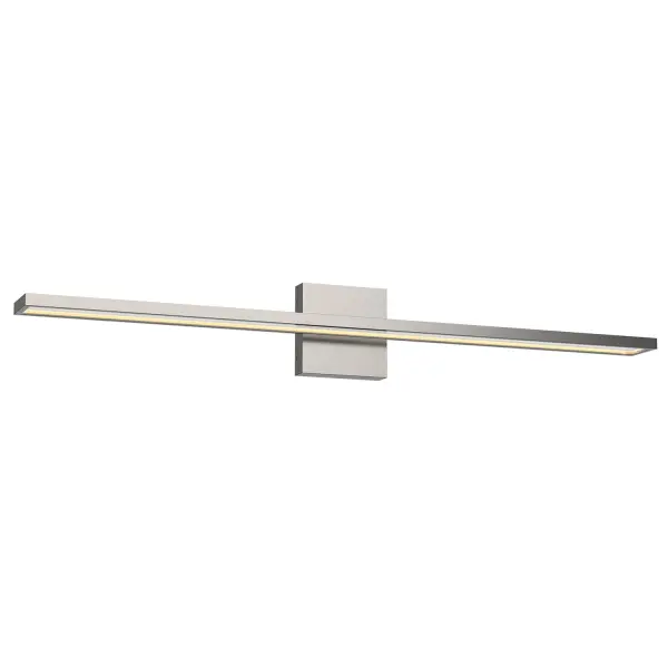The Brio 36-inch vanity light combines angular, rectangular forms with integrated LED technology for a sleek modern aesthetic. Available in metallic finishes, it provides ample warm white illumination perfect for bathrooms and hallways.