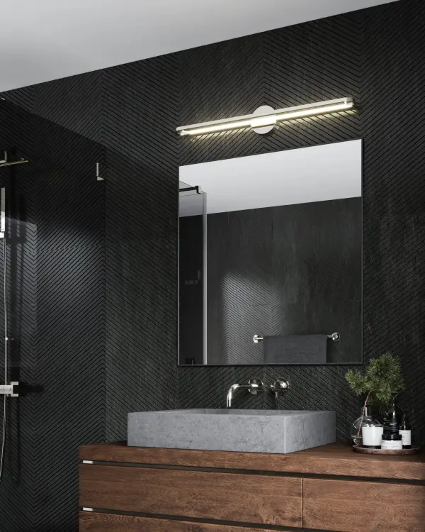 The Marlon vanity light combines contemporary geometric styling with practical integrated LED lighting. Its 36-inch width provides ample illumination for larger vanities while the matte black finish adds modern sophistication. - alternate view