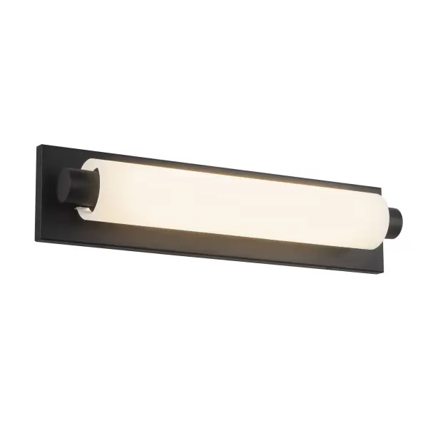 The Charleston vanity light combines sleek modern design with practical LED technology. Featuring cylinder-shaped white opal glass shades and matte black metal details, this 18-inch fixture delivers warm 3000K lighting perfect for bathroom tasks. - alternate view