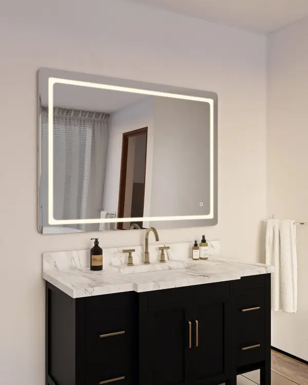 The Seneca 60-inch vanity mirror combines sleek frameless design with integrated LED lighting featuring five selectable color temperatures. Touch-controlled dimming and versatile mounting options make it ideal for modern bathrooms. - alternate view