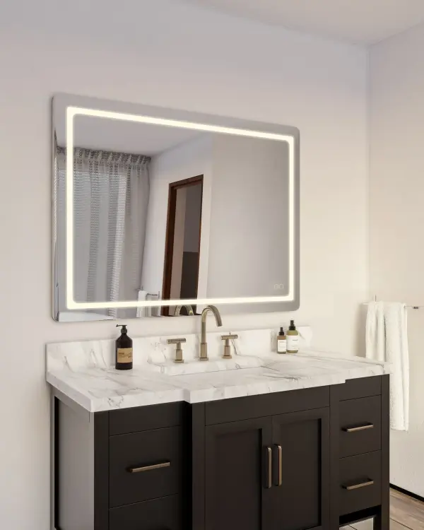 The Seneca 48-inch vanity mirror combines modern elegance with practical functionality. Its frameless design and integrated LED lighting with five selectable color temperatures make it perfect for makeup application and grooming. - alternate view
