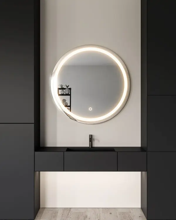 The Hillmont 40-inch round LED mirror combines contemporary design with practical functionality. Five selectable color temperatures and touch-based dimming provide perfect lighting control for grooming and makeup application. - alternate view