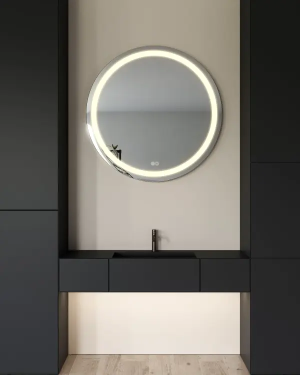 The Hillmont 40-inch vanity mirror combines contemporary circular design with practical LED lighting featuring 5 selectable color temperatures. Touch-based dimming provides effortless control for makeup application and daily grooming routines. - alternate view