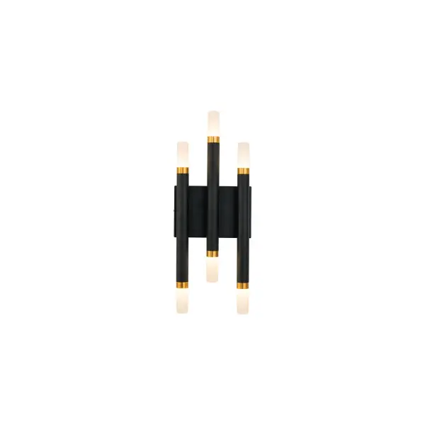 The Draven wall sconce combines contemporary design with functional up-and-down lighting. Its cylindrical aluminum arms and brushed gold accent rings create visual interest, while integrated LED technology provides energy-efficient illumination.