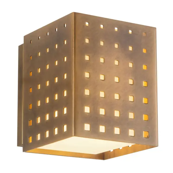 The Astoria Wall Sconce by Peyton Fox combines brass-plated punched metal detailing with opal glass diffusers for a sophisticated, modern look. Perfect for powder rooms, hallways, and bedrooms, this compact fixture delivers soft ambient light with striking visual impact.