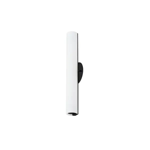 The Bute 18-inch wall sconce combines contemporary styling with practical LED technology. Its cylinder-shaped white opal glass diffuses warm 3000K light evenly, while the matte black finish adds modern sophistication to any space. - alternate view