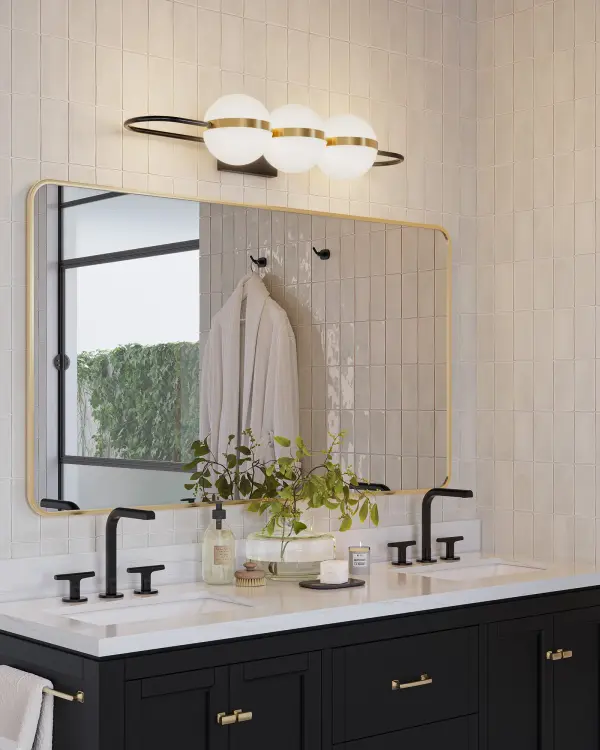 The Tagliato 32-inch vanity light masterfully blends modern and classic design with its striking matte black frame and brushed gold accents. Featuring rotating opal globes with integrated LED technology, this fixture delivers both style and function. - alternate view