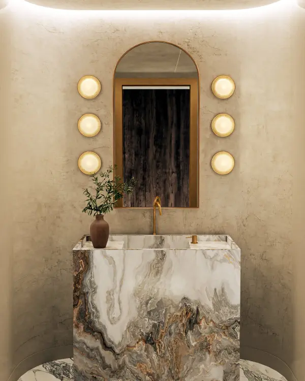 The Alonso combines forged metal in Urban Bronze with stunning carved alabaster shades, creating a perfect blend of traditional craftsmanship and modern design. Integrated LED provides warm, flattering light ideal for bathrooms. - alternate view