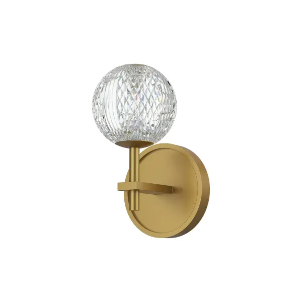 The Marni 5-Light Vanity Light features meticulously cut spherical glass shades that create glittering beams of light, adding luxury and visual interest to bathrooms and powder rooms. Integrated LED with warm 3000K color temperature.