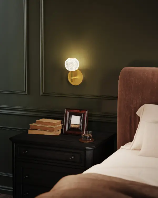 The Marni 5-Light Vanity Light features meticulously cut spherical glass shades that create glittering beams of light, adding luxury and visual interest to bathrooms and powder rooms. Integrated LED with warm 3000K color temperature. - alternate view