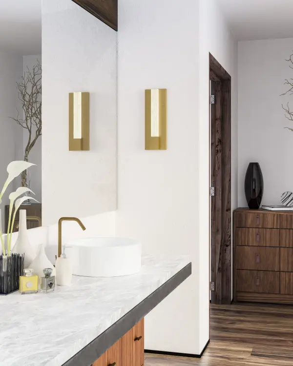 The Kismet vanity light combines classic elegance with modern LED efficiency. Featuring stunning ribbed alabaster panes and forged metal frames, it creates an ambient glow perfect for bathrooms and powder rooms. - alternate view