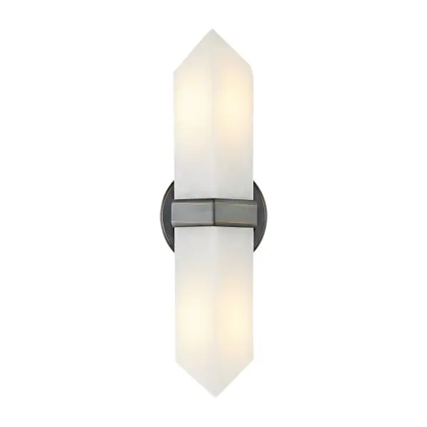 The Valencia vanity light showcases stunning natural alabaster stone in a diamond-shaped shade with Urban Bronze accents. Each piece features unique veining and tone variations, creating sculptural art that provides breathtaking ambiance in bathrooms and beyond. - alternate view