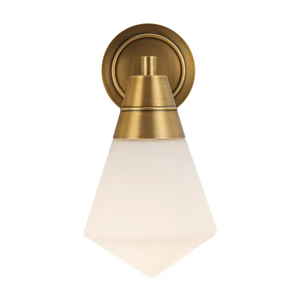 The Willard 6-light vanity fixture brings timeless elegance with its vintage brass finish and opal matte glass shades. Perfect for bathrooms and powder rooms, this versatile piece can be mounted up or down to suit your space.