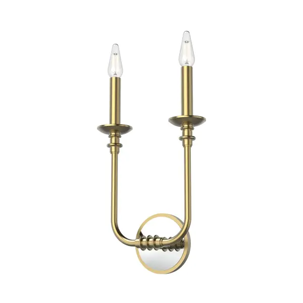 The Peabody vanity light blends timeless candelabra styling with modern mixed metal accents. Vintage Brass finish paired with mirrored elements creates sophisticated visual interest perfect for bathrooms and entryways.
