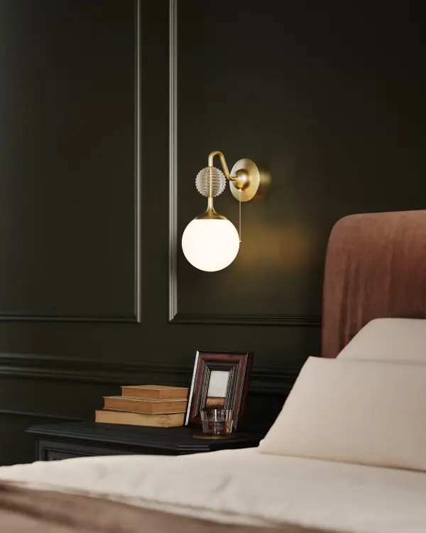 The Celia vanity light combines feminine elegance with artisanal craftsmanship. Stunning ribbed glass bead elements create visual texture while opal matte globes provide soft, flattering illumination perfect for bathrooms and powder rooms. - alternate view