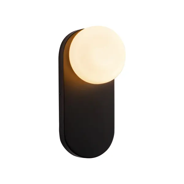 The Ariel vanity light combines contemporary style with practical functionality. Its pill-shaped metal frame in brushed gold finish and opal glass diffuser create a sophisticated look perfect for bathrooms and hallways.