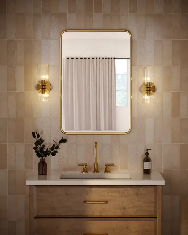 The Nelly combines timeless ribbed glass shades with contemporary asymmetrical design for a fresh, versatile look. Perfect for bathrooms and hallways, it offers customizable glass options and flexible mounting. - alternate view