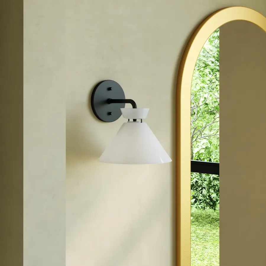 Halston 8-Inch Wall/Vanity Light in Matte Black with Glossy Opal Glass - Image 7