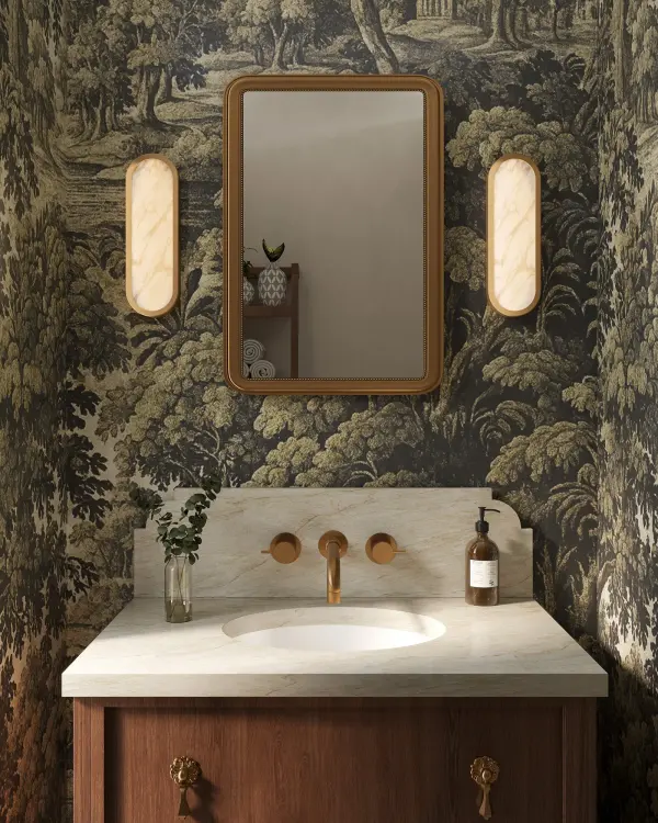The Evelyn 16" Wall Sconce combines organic design with cutting-edge functionality. Its natural alabaster diffuser creates unique, soft illumination while the 5-color temperature LED (2700K-5000K) adapts to any mood or task. - alternate view