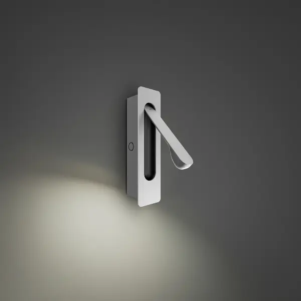 The Line Up combines minimalist aesthetics with practical functionality. Its recessed wall mount saves space while the innovative push-arm operation provides effortless control. Perfect for bedside reading or focused task lighting.