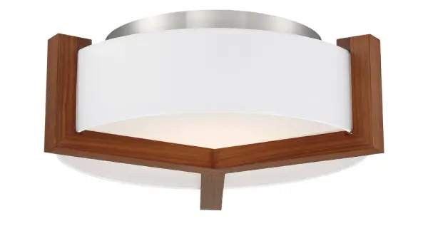 The Segment flush mount combines dark walnut wood brackets with a clean white linen shade for architectural appeal. Its warm, handcrafted aesthetic brings Scandinavian simplicity and mid-century charm to any space.
