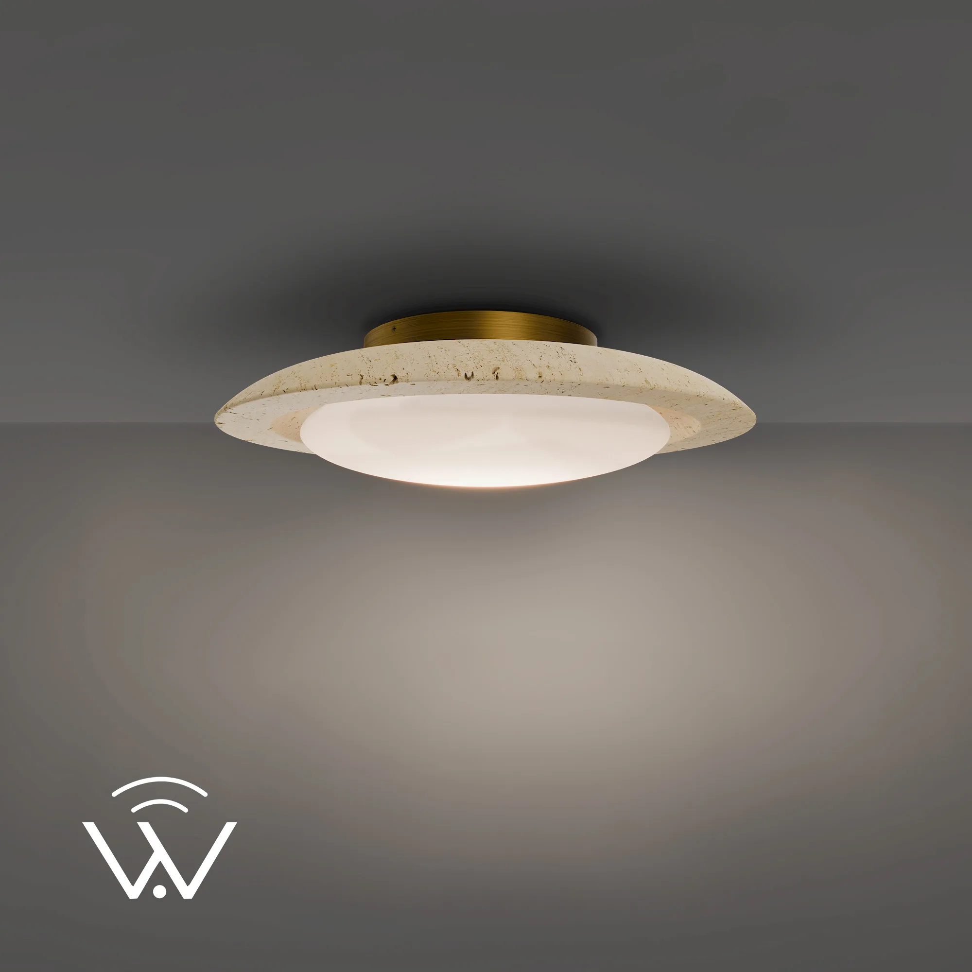 Saturno 20" LED Flush Mount Light in Beige Travertine/Aged Brass
