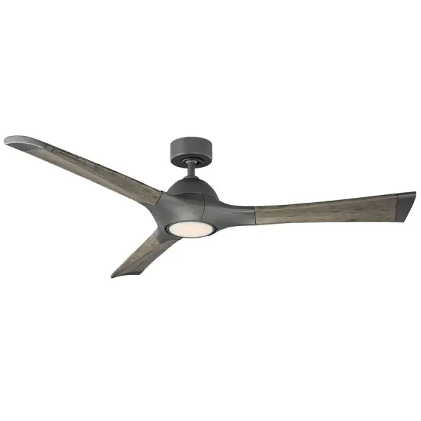 The Woody combines weathered wood aesthetics with smart technology, featuring app control, voice assistant compatibility, and a whisper-quiet DC motor. Wet-rated for outdoor use with Energy Star efficiency.