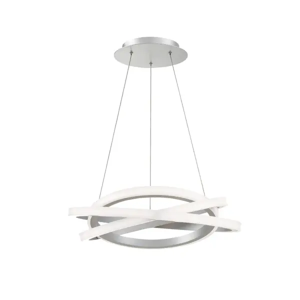 The Veloce chandelier features a striking geometric design with rotatable metal bands that create a customizable sculptural form. High-output LED technology delivers 3,850 lumens with excellent color rendering.