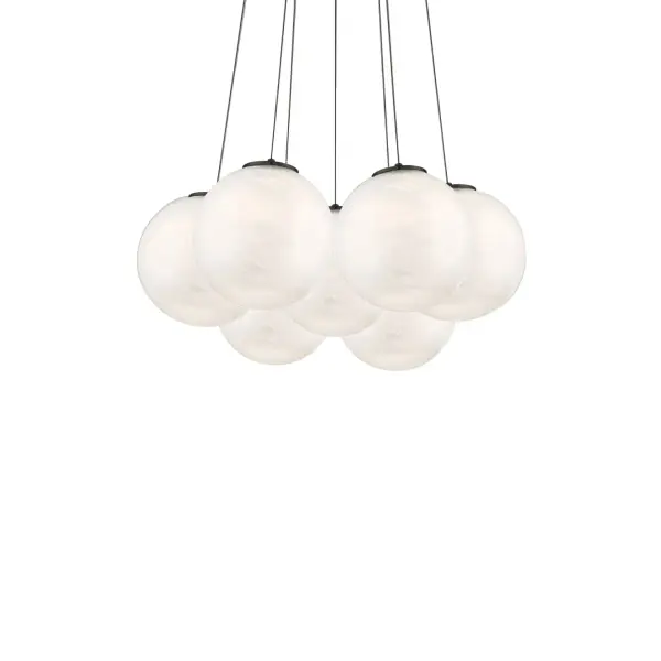 The Cosmic Multilight Pendant transforms spaces with seven massive art glass spheres featuring captivating bubbling and marbleized effects. High-output LED technology delivers 3,794 lumens with exceptional 90 CRI color rendering.
