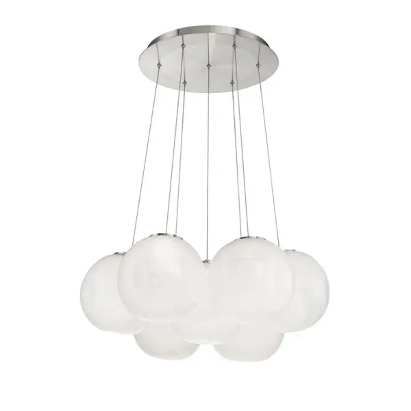 The Cosmic Chandelier transforms any space with its massive 27-inch art glass spheres featuring captivating bubbling and marbleized effects. Seven integrated LED modules deliver brilliant 3000K light through handcrafted glass.