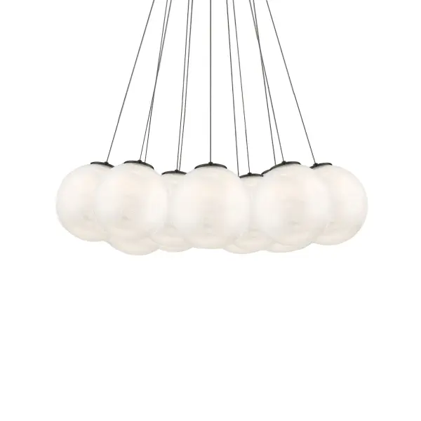 The Cosmic Chandelier transforms spaces with massive art glass spheres featuring captivating bubbling and marbling effects. Its 36-inch span and 6,121 lumens deliver both visual drama and exceptional illumination for grand residential and commercial settings.